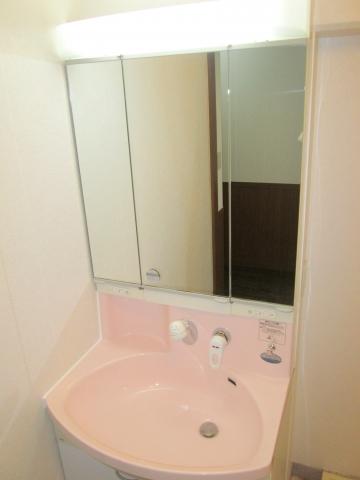 Wash basin, toilet. Three-sided mirror and wash basin with a shower!