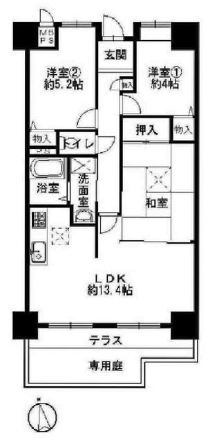 Floor plan. 3LDK, Price 10.8 million yen, Footprint 64.5 sq m , Balcony area 9.15 sq m private garden specification