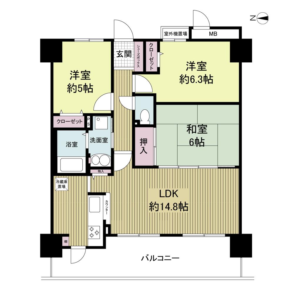 Floor plan. 3LDK, Price 21 million yen, Occupied area 67.55 sq m , Balcony area 14.05 sq m balcony width, It is a wide span of 8m!