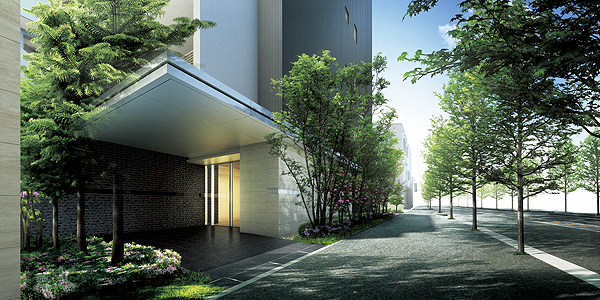 Buildings and facilities. It is placed in highly independent dihedral road site a ridge in an L-shape, Daylighting ・ Realize the dwelling unit layout in consideration for gouty. In atmosphere entrance separate from the car or bicycle for safety and calm in harmony with rich planting that Megurase around, It will produce a magnificent appearance (Entrance Rendering)
