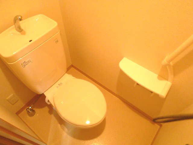 Toilet. Handrail is attached