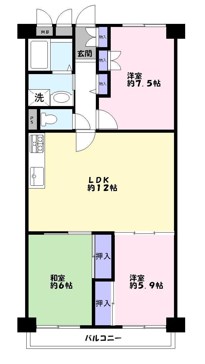 Floor plan. 3LDK, Price 13.2 million yen, Occupied area 67.78 sq m , Balcony area 7.68 sq m