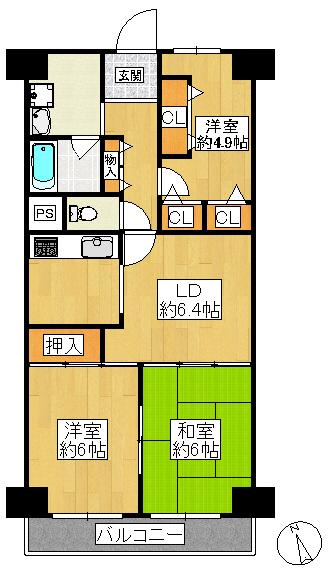 Floor plan. 3LDK, Price 11.8 million yen, Footprint 61.6 sq m , Balcony area 7.63 sq m