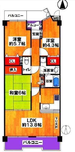 Floor plan. 3LDK, Price 12.8 million yen, Occupied area 65.61 sq m , Balcony area 13.19 sq m room is beautiful.