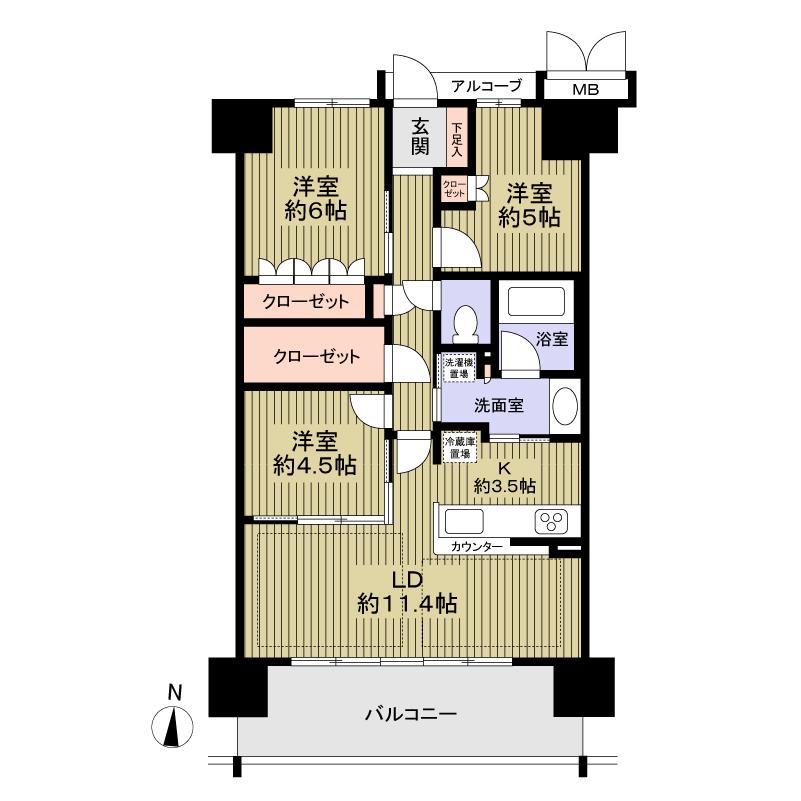Floor plan. 3LDK, Price 26.5 million yen, Occupied area 70.85 sq m , Balcony area 12.35 sq m