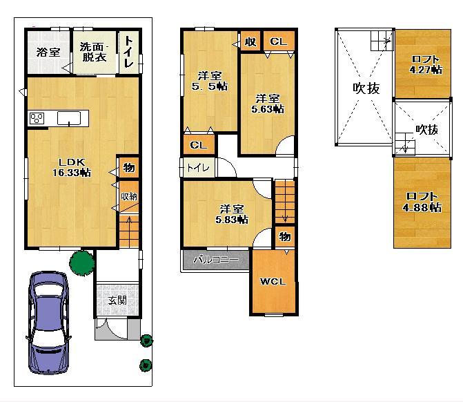 Floor plan. 30,800,000 yen, 3LDK, Land area 74.15 sq m , Building area 84.96 sq m B No. land floor plan Two-story plan with loft