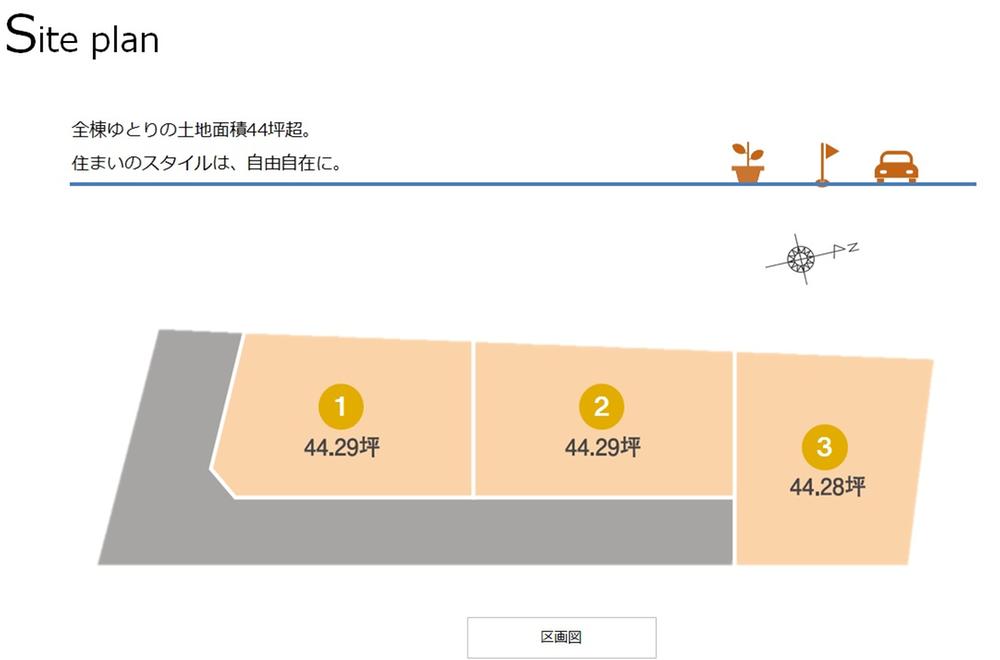 The entire compartment Figure.  [Compartment Figure] All sections 44 square meters more than. We propose a life of leisure at the site with a space. Garden training ・ Garage House ・ Putting golf, Living hand you think will shape. Two parking is also available.