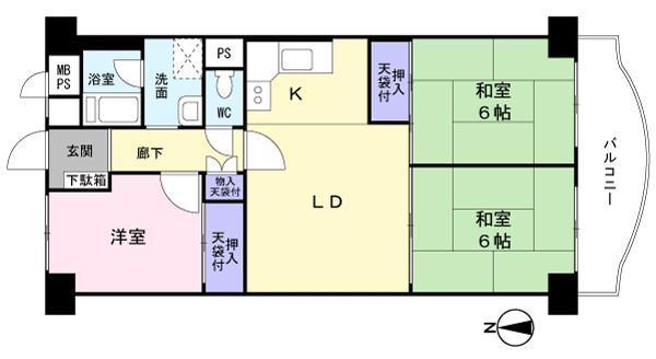 Floor plan. 3LDK, Price 9.8 million yen, Footprint 63.8 sq m , Balcony area 6.76 sq m