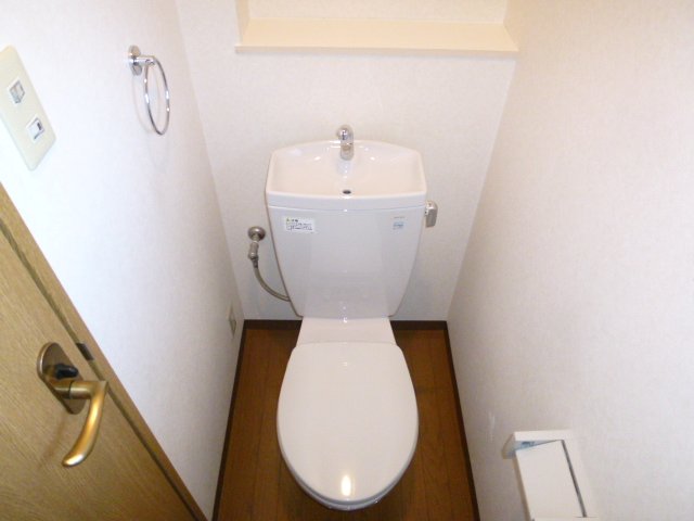 Toilet. Stylish toilet that is also attached shelf.