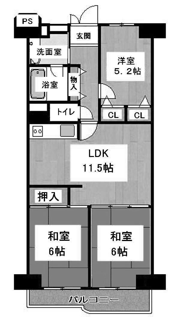 Floor plan. 3LDK, Price 9.8 million yen, Occupied area 62.72 sq m , Balcony area 7.6 sq m   ☆ Day ・ Ventilation is good