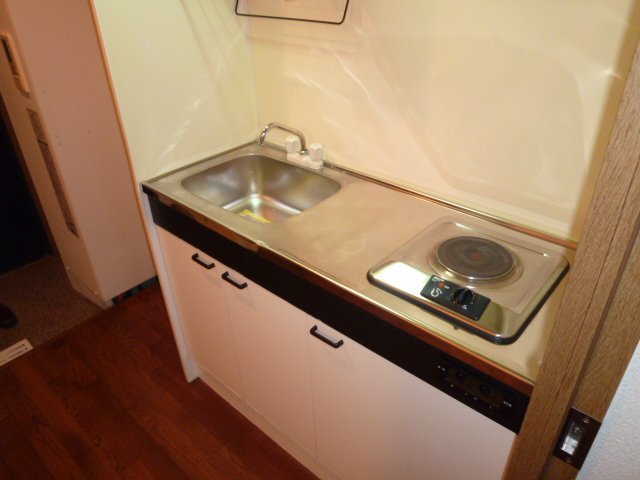 Kitchen. Stove is equipped with 1-neck