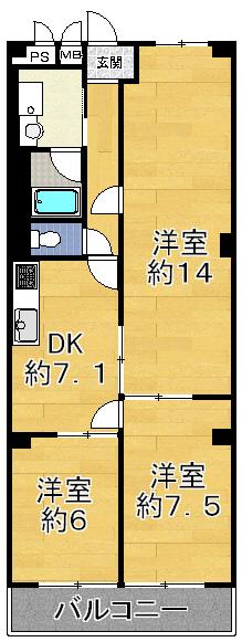 Floor plan. 3DK, Price 5.8 million yen, Occupied area 69.96 sq m , Balcony area 7.42 sq m