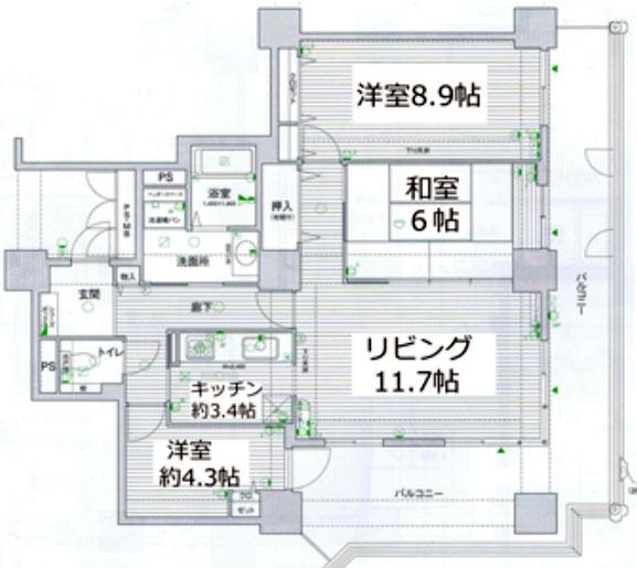 Floor plan. 3LDK, Price 25,800,000 yen, Occupied area 84.44 sq m , Balcony area 30.34 sq m 3LDK84.44 sq m ! 2 side balcony of the south and east