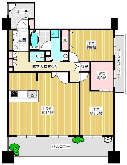 Floor plan. 2LDK, Price 22,800,000 yen, Occupied area 77.43 sq m , Balcony area 17.4 sq m kitchen wide counter Wide balcony There slop sink! !