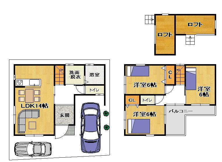 Floor plan. 23.5 million yen, 4LDK, Land area 76.76 sq m , Building area 83.83 sq m 2 cars car parking OK ・ 4LDK of south-facing room Wide of frontage ~ There house is nice looking.