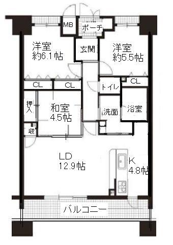 Floor plan. 3LDK, Price 17.8 million yen, Occupied area 75.77 sq m , This spacious floor plan on the balcony area 14.3 sq m 75.77 sq m.