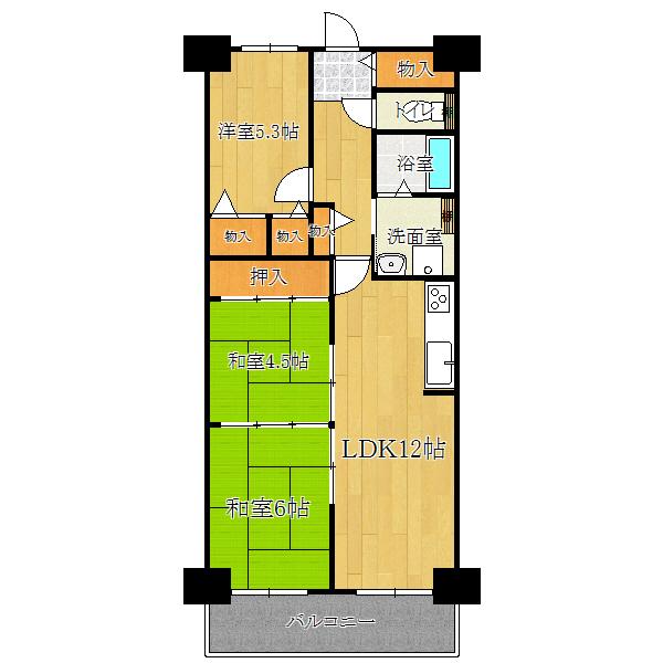 Floor plan. 3LDK, Price 9.8 million yen, Footprint 64.4 sq m , Balcony area 6.72 sq m