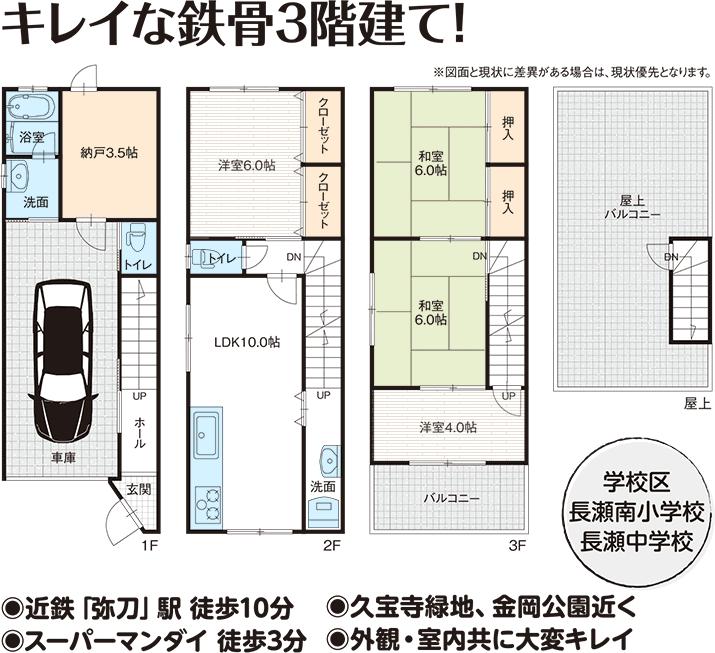Floor plan. 8.8 million yen, 4LDK + S (storeroom), Land area 48.92 sq m , Building area 108.59 sq m clean steel frame three-story
