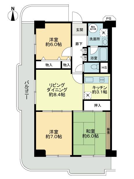 Floor plan. 3LDK, Price 12.8 million yen, Footprint 70.4 sq m , Balcony area 28.65 sq m