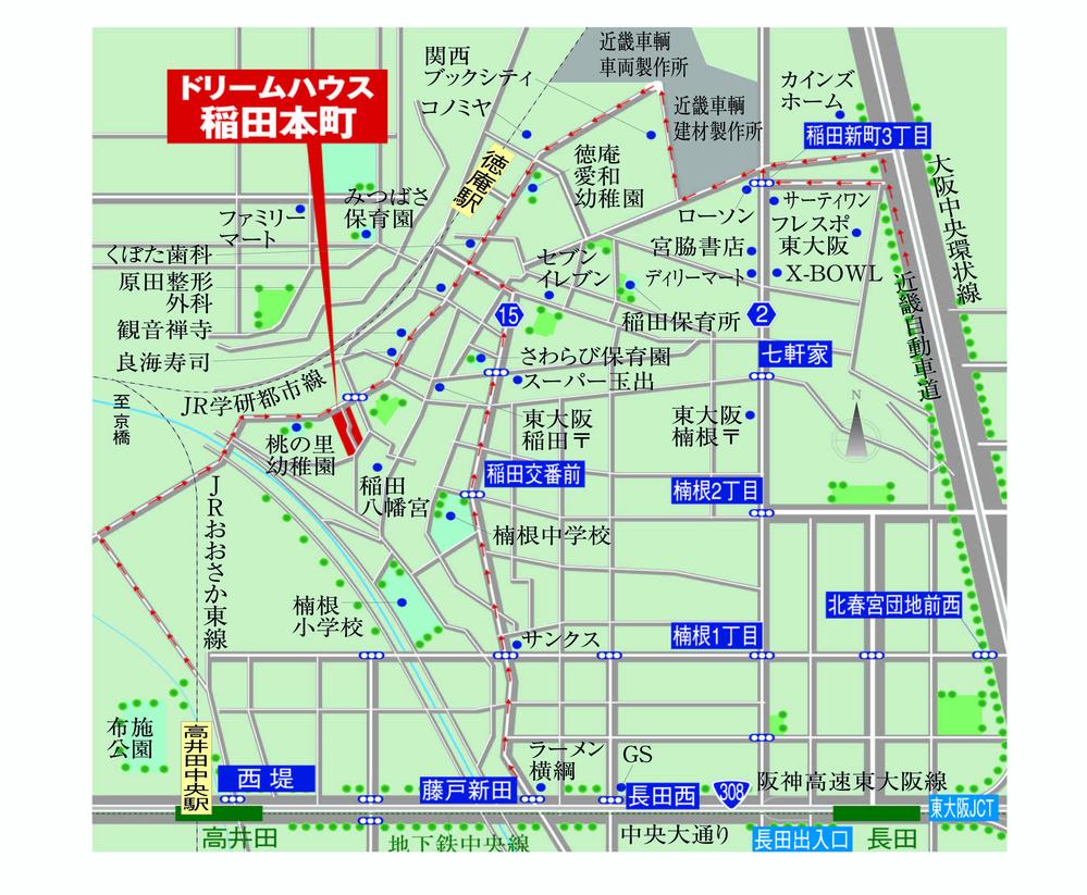 Local guide map. Local guide map. JR Katamachi (Science City) line "Tokuan" station ・ JR Osaka Higashi Line "Takaida center" station ・ Subway Chuo Line "Takaida" 3WAY access attractive station