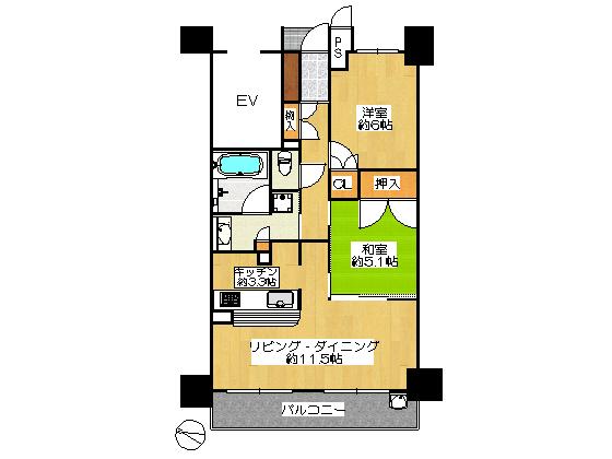 Floor plan. 2LDK, Price 22,300,000 yen, Occupied area 60.76 sq m , Balcony area 9.67 sq m footprint 60.76 sq m (center line of wall)