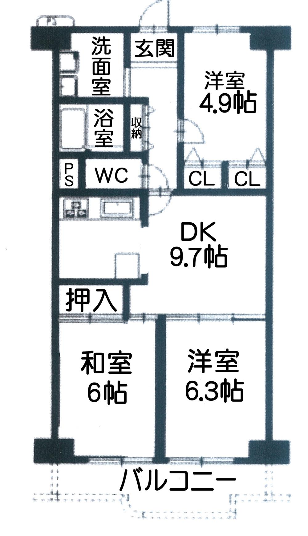 Floor plan. 3LDK, Price 12.8 million yen, Footprint 61.8 sq m