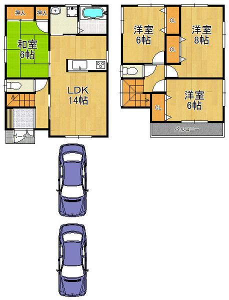 Floor plan. 22,800,000 yen, 4LDK, Land area 98.92 sq m , Building area 93.55 sq m parking space two Allowed, Easy parking in front of the road spacious