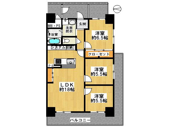 Floor plan. 3LDK, Price 14.8 million yen, Occupied area 66.56 sq m , Balcony area 22.52 sq m