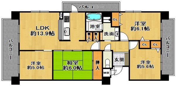 Floor plan. 4LDK, Price 22,400,000 yen, Occupied area 77.54 sq m , Balcony area 25.58 sq m