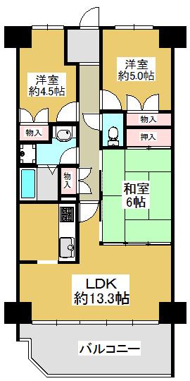 Floor plan. 3LDK, Price 8.3 million yen, Footprint 63.8 sq m , Spacious living space on the balcony area 9.91 sq m whole room with storage space