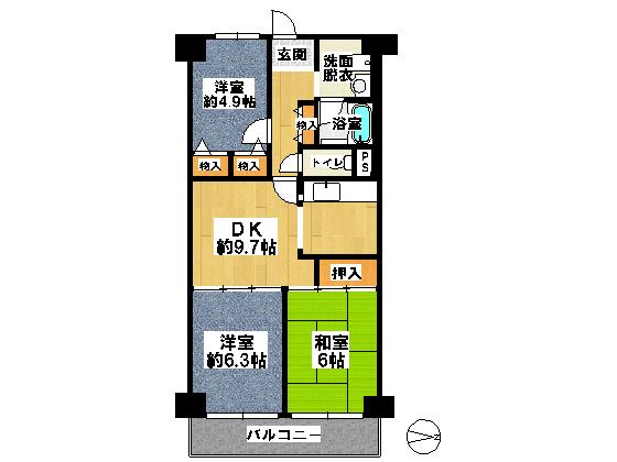 Floor plan. 3DK, Price 11.8 million yen, Footprint 61.6 sq m , Balcony area 7.63 sq m