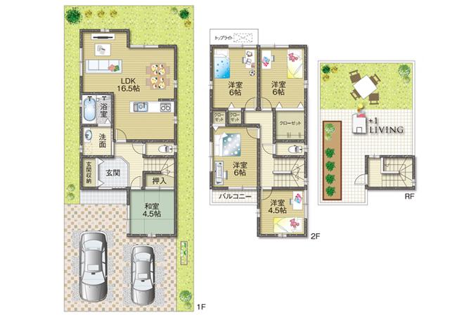 Other. Floor plan example ☆ Add a tatami space in addition to the 16.5 quires the living room on the first floor. The second floor of 6 tatami room 3 rooms and 4.5 Pledge of the room is one room. Equipped with a large closet in each room.