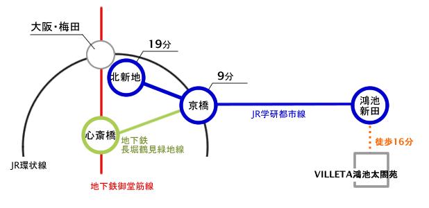 route map. JR Gakkentoshisen "Konoike Nitta" 16-minute walk to the station, Kyobashi until 9 minutes by train, Good access that Kitashinchi up to 19 minutes.