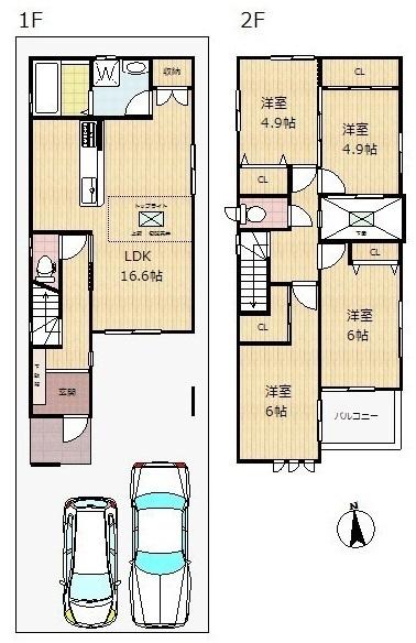 Floor plan. 34,500,000 yen, 4LDK, Land area 94.69 sq m , In addition to building area 96.45 sq m car can park two, Also ensure free space.