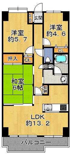 Floor plan. 3LDK, Price 8.9 million yen, Footprint 66 sq m , Balcony area 8.76 sq m