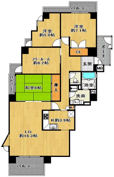 Floor plan. 4LDK, Price 26 million yen, Occupied area 99.88 sq m , Balcony area 16.26 sq m spacious 4LDK
