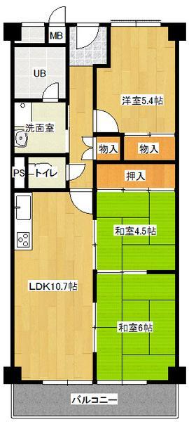 Floor plan. 3LDK, Price 9.8 million yen, Occupied area 63.25 sq m , Balcony area 7.15 sq m