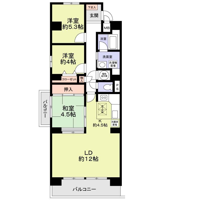 Floor plan. 3LDK, Price 12.3 million yen, Occupied area 73.45 sq m , Balcony area 10.68 sq m