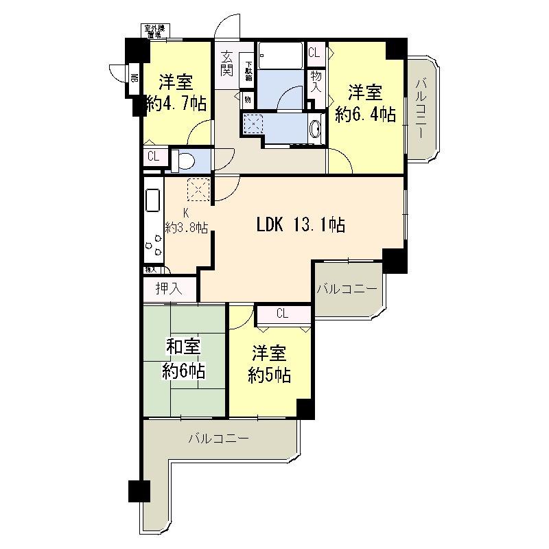 Floor plan. 4LDK, Price 22,900,000 yen, Footprint 84.3 sq m , Balcony area 16.12 sq m southeast-facing balcony dihedral, Jewels balcony northeast side one side.