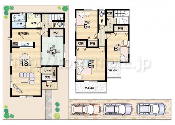 Floor plan. 34,800,000 yen, 4LDK, Land area 193.43 sq m , Building area 105.98 sq m 1 Building Floor land area 193.43 square meters building area 105.98 square meters