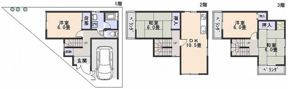 Floor plan. All room 6 Pledge, It is your house with a storage. There is a garden on the first floor. Three-sided porch ventilation is good. 
