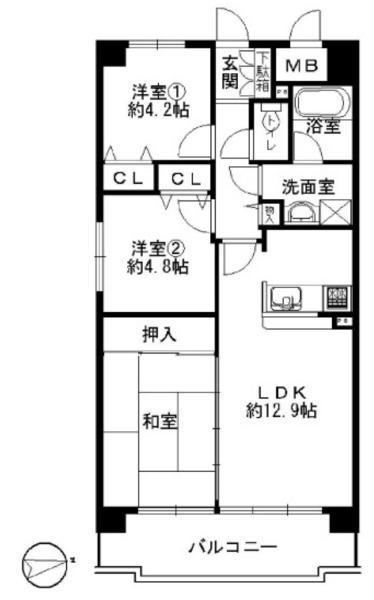 Floor plan. 3LDK, Price 12,980,000 yen, Occupied area 62.35 sq m , Balcony area 9 sq m