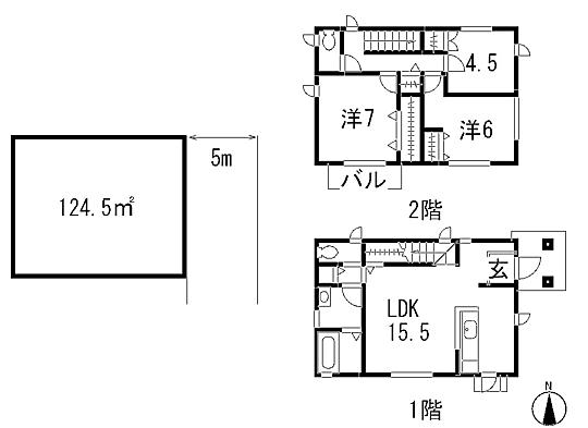 Compartment view + building plan example. Building plan example, Land price 5 million yen, Land area 124.5 sq m , Building price 16 million yen, Building area 89.91 sq m