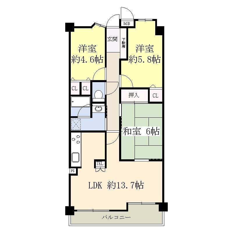 Floor plan. 3LDK, Price 13.8 million yen, Occupied area 67.08 sq m , Balcony area 9.72 sq m southeast-facing balcony Lighting not therefore building on the balcony side, ventilation, View is good.