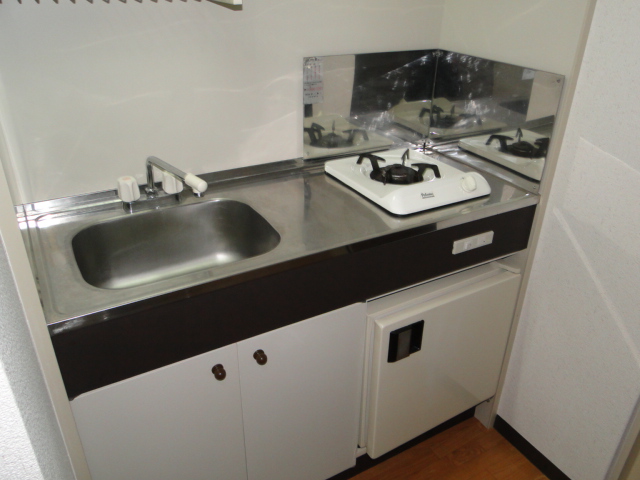 Kitchen. Gas stove is equipped with 1-neck