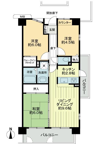 Floor plan. 3LDK, Price 10.8 million yen, Occupied area 63.54 sq m , Balcony area 12.23 sq m