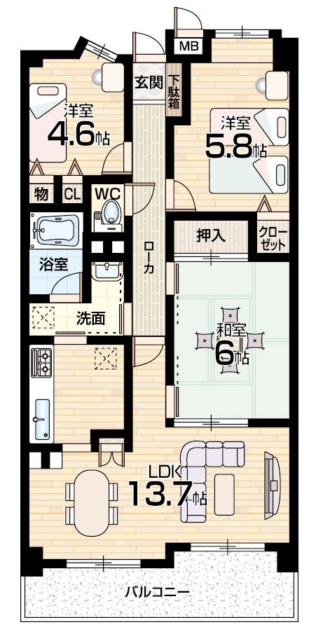 Floor plan. 3LDK, Price 13.8 million yen, Occupied area 67.08 sq m , Balcony area 9.72 sq m