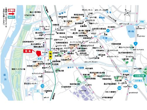 Local guide map. A 3-minute walk from the local to the Keihan Makino Station. Is to the city 26 minutes to "Yodoyabashi" Station ( ※ Transfer to express in "Hirakata" station), 26 minutes to "Gion Shijo" station ( ※ "Litter" change to the express at the station) and nimble access to the city (local guide map)