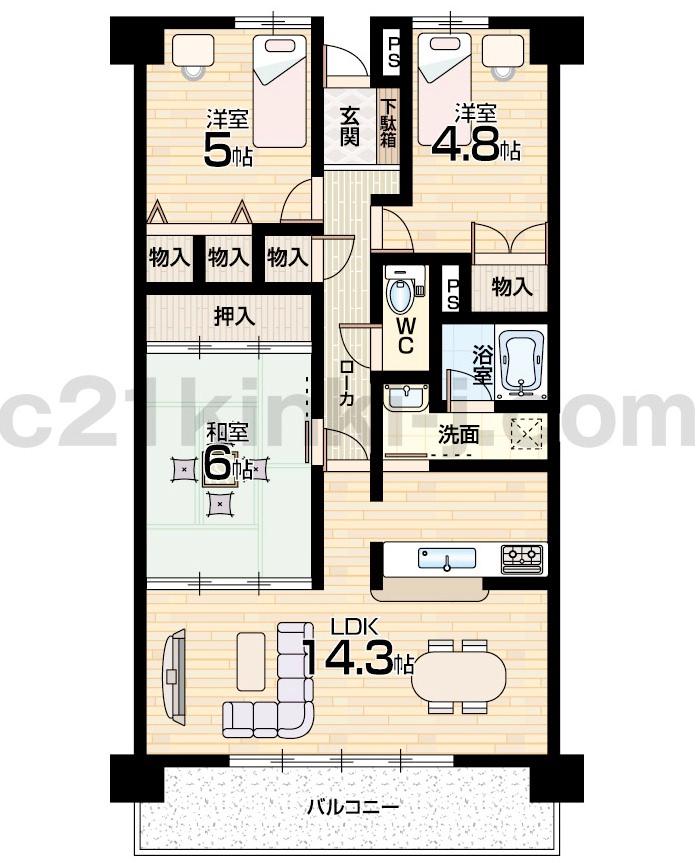 Floor plan. 3LDK, Price 8.7 million yen, Occupied area 66.64 sq m , Balcony area 8.82 sq m south-facing!