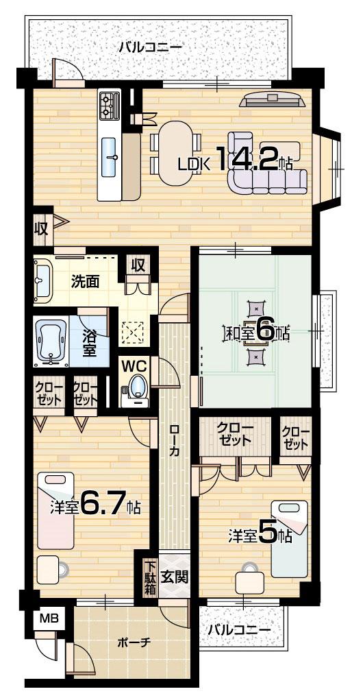 Floor plan. 3LDK, Price 21,800,000 yen, Occupied area 71.28 sq m , Balcony area 10.98 sq m floor plan